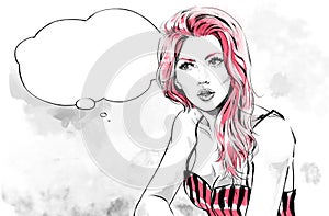 Fashion illustration, portrait of woman looking at side with text balloon