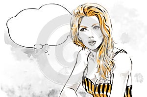 Fashion illustration, portrait of woman looking at side with text balloon