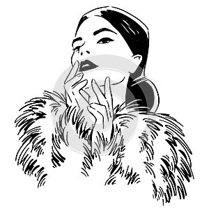 Fashion illustration. portrait of  woman wearing furcoat