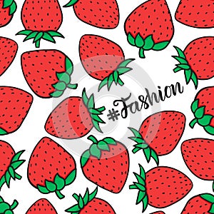 Fashion illustration of a red strawberry seamless pattern. Hand drawing sketch. Vector illustration background.