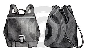 Fashion illustration set of two black backpack