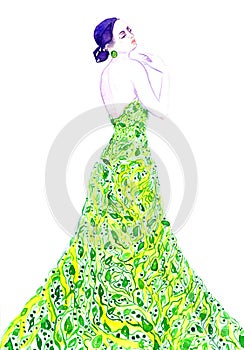 Fashion illustration, sophisticated woman in green eco dress