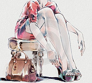 Fashion watercolor illustration. Woman taking her shoes off