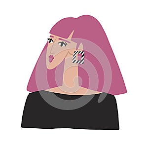 Fashion illustration, stylized female portrait. Stylish young girl with pink hair