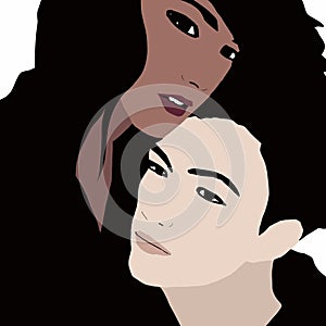 Fashion Illustration of trendy biracial girl and boy couple having fun