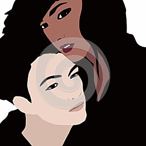 Fashion Illustration of trendy biracial girl and boy couple having fun