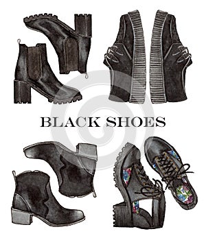 Fashion illustration. watercolor black shoes set