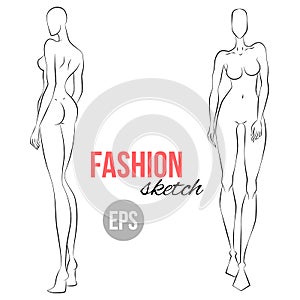 Fashion illustration of women`s figure. Vector outline girl model template for fashion sketching.