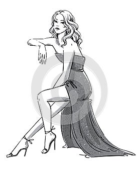 Fashion illustration of a young woman in an evening dress sitting