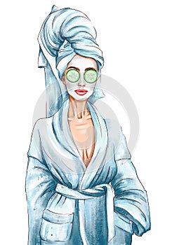 Fashion  illustrationA hand drawn illustration of a woman in a spa bathrobe with a mask