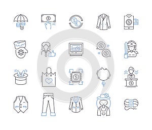 Fashion industry outline icons collection. Clothing, Garments, Apparel, Accessories, Style, Runway, Textiles vector and