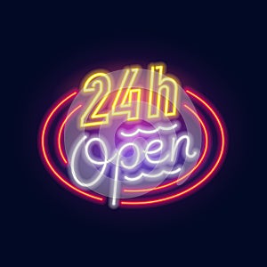 Fashion inscription 24 hours open neon sign. Night bright signboard, Glowing light. Summer logo, emblem for Club or bar