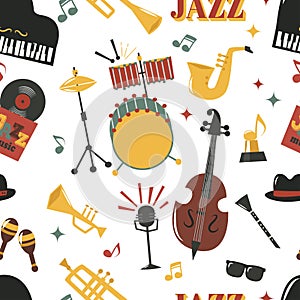 Fashion jazz band music party musical instrument design vector seamless pattern