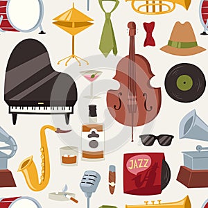 Fashion jazz band music party symbols and musical instrument sound concert acoustic blues bass design vector seamless