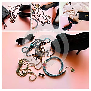 fashion Jewelry and accessories collage fashion black shoes on high heels , sunglasses ,jacket gold ,necklace