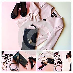 Fashion Jewelry and accessories collage fashion black shoes on high heels , sunglasses ,jacket gold ,necklace