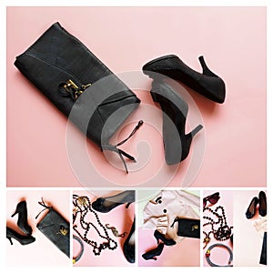 Fashion Jewelry and accessories collage fashion black shoes on high heels , sunglasses ,jacket gold ,necklace