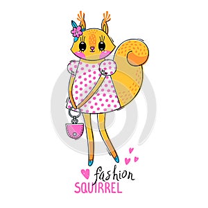 Fashion kawaii animal. Vector illustration of a squirrel in fashionable clothes. Can be used for t-shirt print, kids