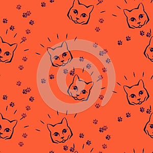 Fashion kawaii kitty. Vector illustration. Seamless pattern with cute fase of cats and bows.