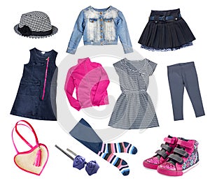 Fashion kid child girl clothes collage set isolated.