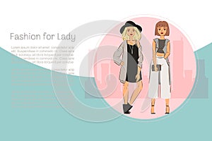 Fashion for ladies vector illustration. Yound ladies in classic fashion cloths, hats, shoes, with bag. Trendy