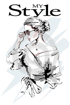 Fashion lady. Beautiful young woman portrait. Fashion woman in sunglasses. Stylish girl. Sketch.
