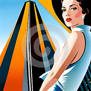 Fashion lady model among skyscrappers. Fashionable cover art deco style