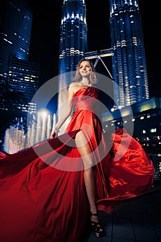 Fashion Lady In Red Dress And City Lights