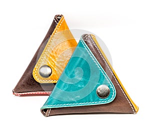 Fashion leather wallets on white background.