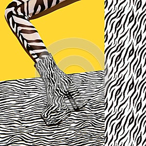 Fashion legs in heel party zebra boots on  minimal collage background. Animal texture print. Stylish tropical concept