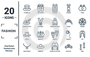 fashion linear icon set. includes thin line cylinder hat, german hat with small feather, fedora, heart pendant, jewel, sweater