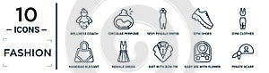 Fashion linear icon set. includes thin line wellness coach, female dress, gym clothes, female dress, baby bib with flower de