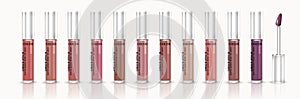 Fashion lip gloss collection, set of lip gloss mockup in 3d illustration, shimmering cosmetic products. Foreground