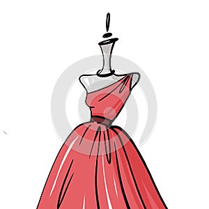 Fashion logo, symbol. Red dress on a mannequin. Silhouette. Textile industry. Illustration