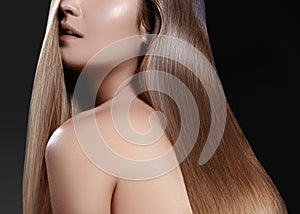 Fashion long hair. Beautiful brunette girl. Healthy straight shiny hair style. Smooth hairstyle. Keratin treatment, spa photo