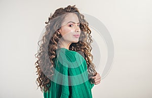 Fashion look and beauty concept. Retro girl with stylish makeup and hair in paris. girl with curly hair at hairdresser