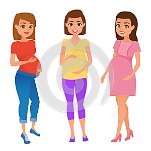 Fashion look of pregnancy woman, vector illustration.