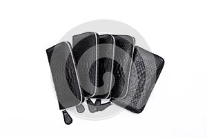 Fashion luxury snakeskin python black wallets isolated on a white background.