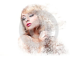 Fashion makeup woman with pink lipstick and pixeled dispersion e