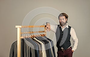 Fashion in the making. male beauty and fashion. bearded man tailoring clothes. formal and office wardrobe. businessman