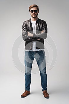 Fashion man, Handsome beauty male model portrait wear sunglasses and leather jacket, young guy over white background