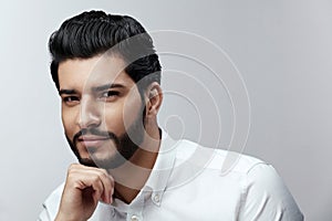 Fashion Man Portrait. Male Model With Hair Style And Beard