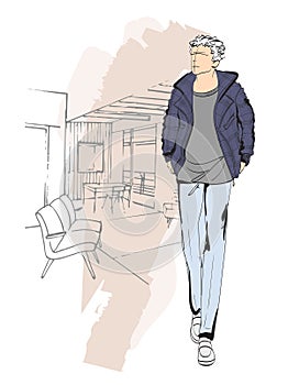 Fashion man set. Sketch of a fashion man in a jacket on a white background. Autumn man. Street style