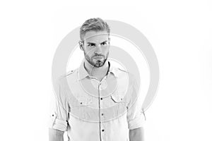 Fashion man in shirt isolated on white background. Man with beard on unshaven face. Hair and barber salon. Casually