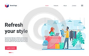 Fashion man store landing page, menswear fashion boutique with shopper buying clothes photo