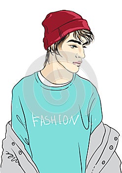 Fashion man vector illustration. Hipster. Street fashion. Beauty model guys sketch