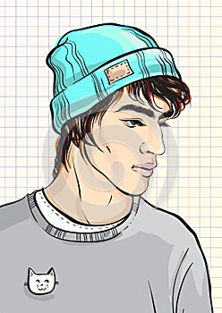 Fashion man vector portrait. Hipster. Street style fashion. Beauty model guys sketch