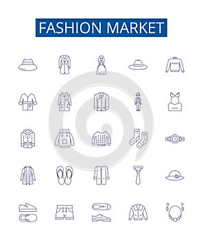 Fashion market line icons signs set. Design collection of Clothing, Garment, Runway, Style, Trend, Boutique, Design