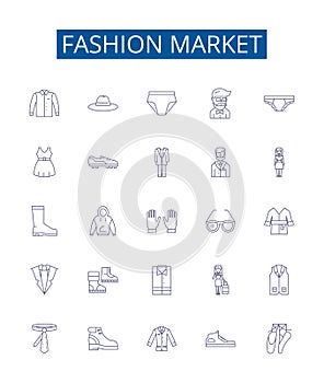 Fashion market line icons signs set. Design collection of Clothing, Garment, Runway, Style, Trend, Boutique, Design