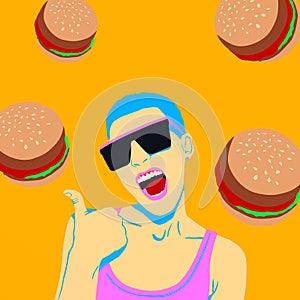 Fashion minimal illustration. Emotional stylish girl burger lover concept